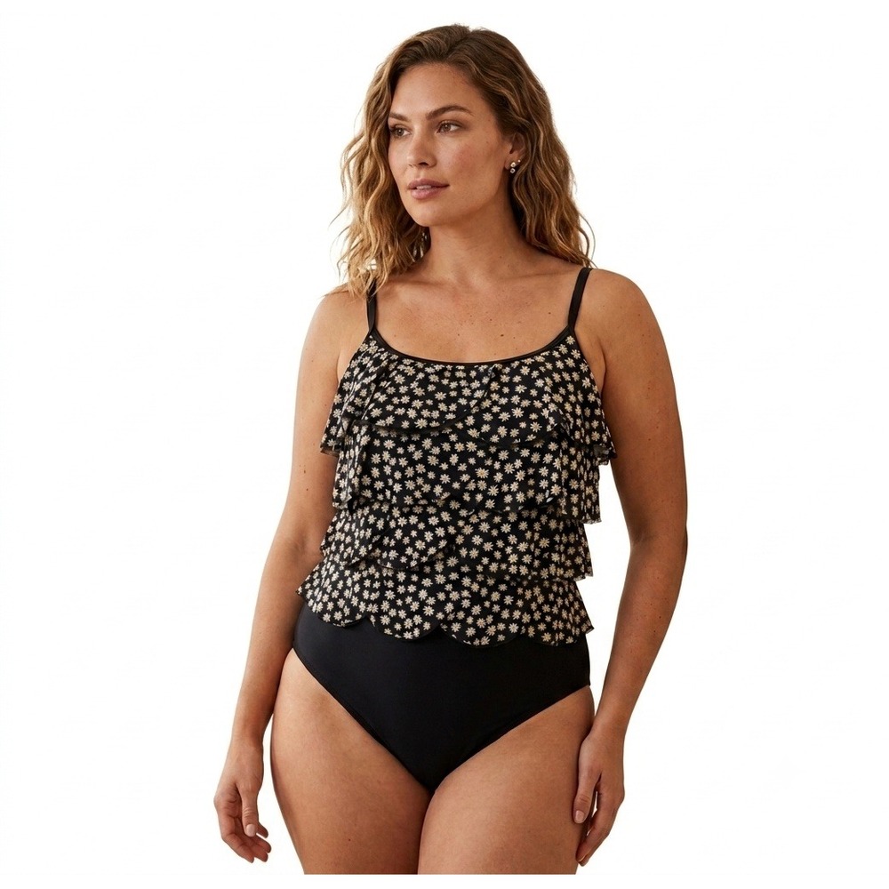 PROFILE BY GOTTEX One Piece Swimsuit Women 10 Black Floral Ruffle Tiered Daisy